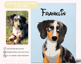 May include: Cartoon illustration of a dachshund dog with black, white and brown fur. The dog is sitting and looking to the right. The dog's name, "FRANKLIN", is written in a black cursive font above the dog.