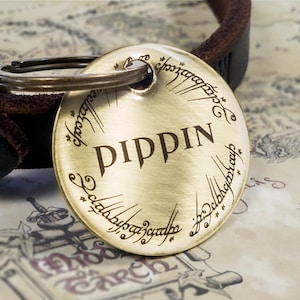 Custom Brass Pet ID Tag: Elven Script Engraved, Fantasy Dog Cat Name Tag