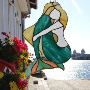 Mermaid Stained Glass Suncatcher–Handmade Window Hanging Decor-Mystic Mermaid Window Hanging–Glass Sea Decor-Coastal Fairy Tale Decor