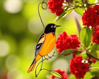 Atrapasol de vitrales de Baltimore Oriole: adorno de pájaro hecho a mano