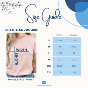 May include: Size chart for Bella + Canvas 3001 unisex t-shirts. The chart shows the width and length in inches for sizes S, M, L, XL, 2XL, and 3XL.