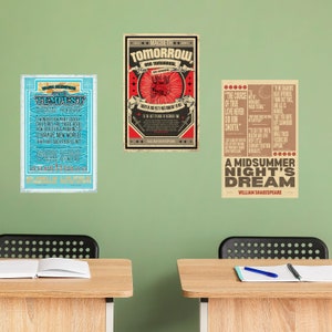 May include: Three vintage-style posters featuring Shakespearean plays. The posters are in red, white, and black with a yellowed background. The posters are titled "The Tempest", "Macbeth: Tomorrow and Tomorrow", and "A Midsummer Night's Dream".