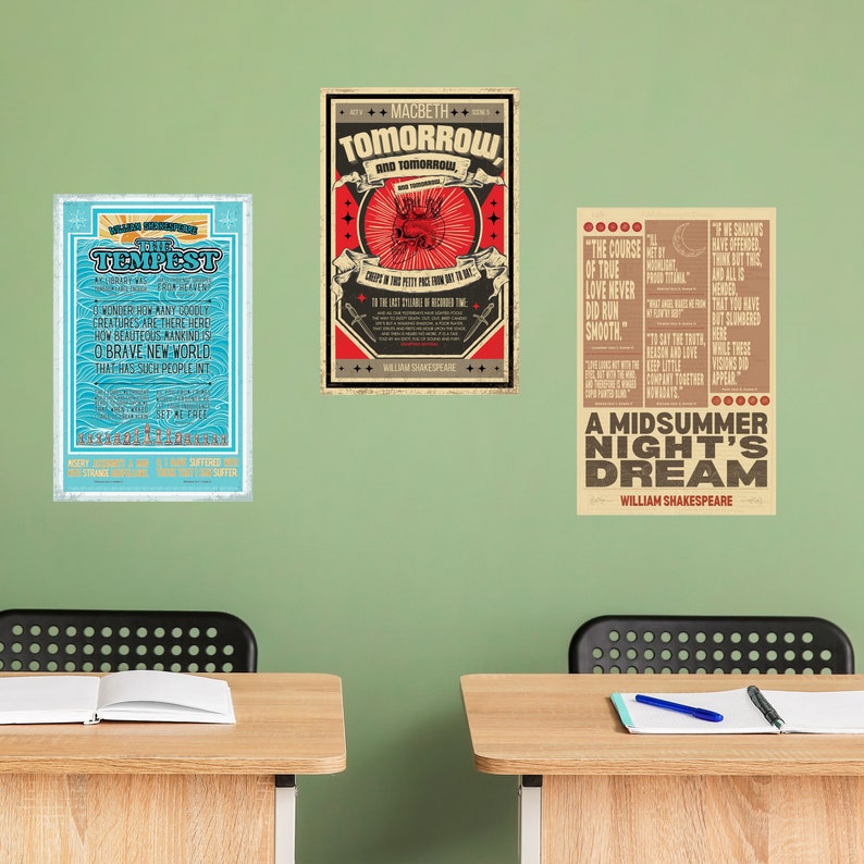 May include: Three vintage-style posters featuring Shakespearean plays. The posters are in red, white, and black with a yellowed background. The posters are titled "The Tempest", "Macbeth: Tomorrow and Tomorrow", and "A Midsummer Night's Dream".