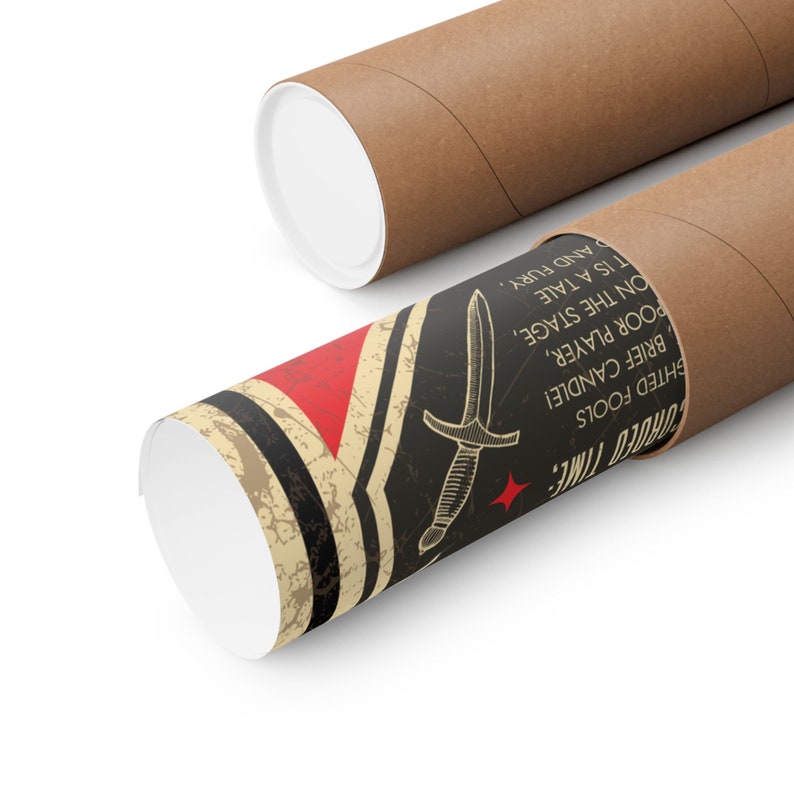 May include: A rolled up poster with a black and red design. The poster features a stylized dagger and the text "Crowned Time", "Sighted Fools", "Brief Candle", "Poor Player", "On the Stage", "Tis a Tale", and "And Fury".