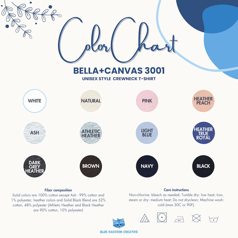 K&ouml;nnte beinhalten: Farbkarte f&uuml;r Bella + Canvas 3001 Unisex-Rundhals-T-Shirts. Die Karte zeigt 14 verschiedene Farben, darunter Wei&szlig;, Natur, Rosa, Melange Pfirsich, Asche, Athletik Melange, Hellblau, Melange Royalblau, Dunkelgrau Melange, Braun, Marineblau und Schwarz. Die Karte enth&auml;lt auch Informationen &uuml;ber die Faserzusammensetzung und die Pflegehinweise f&uuml;r die Shirts.