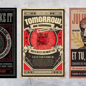 May include: Three vintage-style posters with red, black, and white text and illustrations. The first poster says "Take It Stage" with a red star and a circle. The second poster says "Tomorrow, and tomorrow, and tomorrow, creeps in this petty pace from day to day." with a skull and crossbones illustration. The third poster says "Beware, Et Tu, Cowards die many times before their deaths, The valiant never taste of death but once, There is a tide in the affairs of men, which taken at the flood leads on to fortune." with a gold leaf illustration.