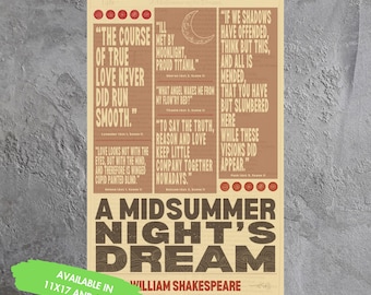 A Midsummers nights dream Poster William Shakespeare Wall Art Decor English Teacher Theater Drama Literature Vertical Posters gift for her