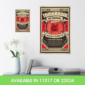 May include: A vintage-style poster with a red background and black text. The poster features a skull with a heart inside and the text "Tomorrow and tomorrow and tomorrow creeps in this petty pace from day to day." The poster also includes the text "To the last syllable of recorded time" and "William Shakespeare".