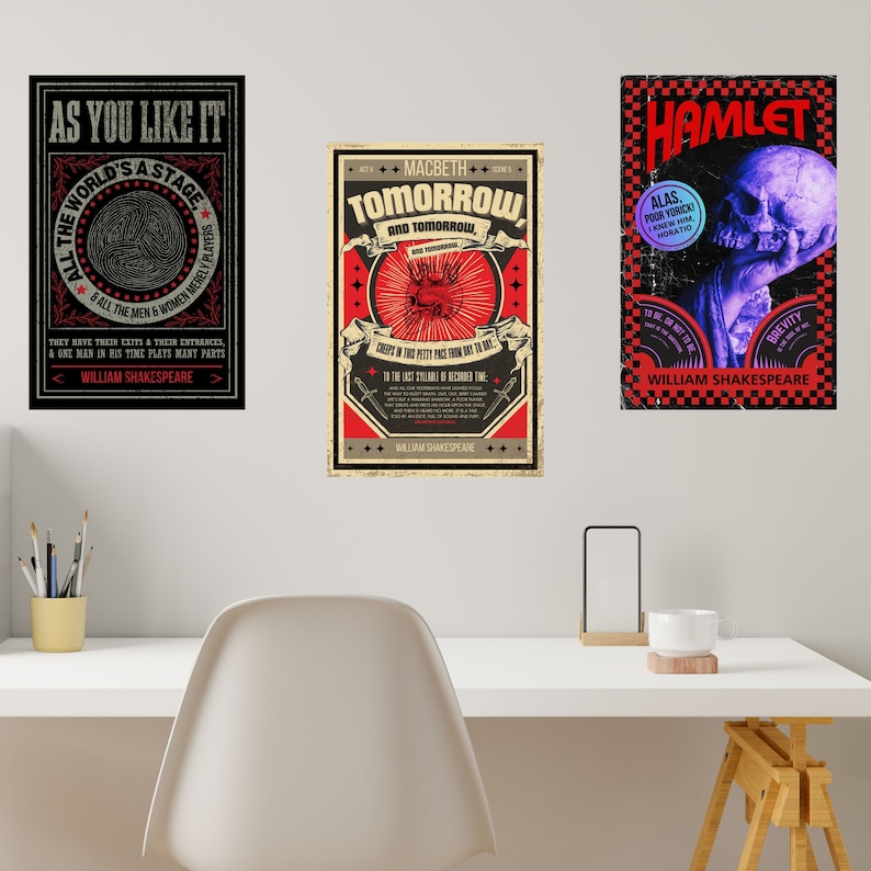 May include: Three vintage-style posters featuring famous Shakespearean plays: As You Like It, Macbeth, and Hamlet. Each poster has a red, white, and black color scheme with a bold, graphic design. The posters are printed on a white background.