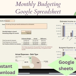 Puede incluir: Una hoja de cálculo de presupuesto digital que se muestra en la pantalla de una computadora portátil. La hoja de cálculo, etiquetada como "Monthly Budgeting Google Spreadsheet", muestra los ingresos, los gastos y los desglose por tipo de deuda. El texto incluye "Descarga instantánea" y "Google sheets."