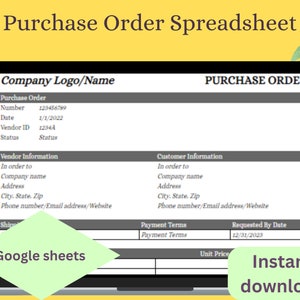 以下が含まれることがあります： 購入注文スプレッドシートテンプレートが表示されたコンピューター画面のスクリーンショットです。このテンプレートはGoogleスプレッドシートで使用するために設計されており、会社ロゴ、購入注文番号、日付、仕入先ID、ステータス、仕入先情報、顧客情報、支払条件、要求された日付、単価のフィールドが含まれています。