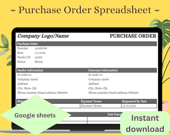 Purchase Order Google Sheet: Automatic Calculations (Digital Download)