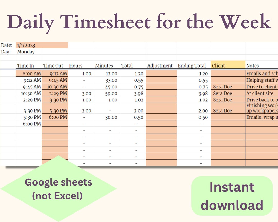 Timesheet Google Spreadsheet Template Monday Start Weekly Etsy