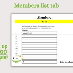 May include: A printable members list tab with a yellow header that says "Members 2023". The tab has a numbered list of names from 1 to 100. The first name on the list is "Daniel Gold".