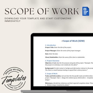 Op de afbeelding: Een laptopscherm dat een Scope of Work (SOW)-sjabloon weergeeft met secties voor projecttitel, projectmanager, datum, klant/stakeholder, doelstelling, achtergrond, taken en leverables, en mijlpalen. De sjabloon is ontworpen om bedrijven te helpen een duidelijk en beknopt Scope of Work-document te maken.