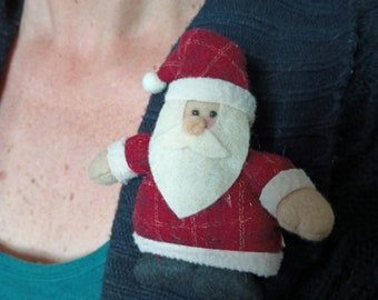 Plush soft Santa Claus pin wool felt red plaid stocking cap and body handmade Christmas Xmas winter snow ice jewelry