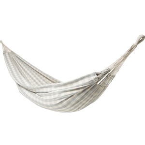 May include: A white and grey striped hammock with a woven rope design. The hammock is hanging from two ropes.