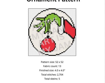 18 Mesh Round Grinch Ornament Needlepoint Pattern | Christmas Needlepoint Canvas | DIY Holiday Stitch | Grinch Hand | Holiday | Gift | Decor