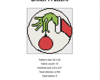 Grinch Ornament | Needlepoint 13 Mesh Canvas | Holiday | Christmas Tree | Decor | Gift | DIY | Grinch Hand | Grinchmas | Painted Canvas
