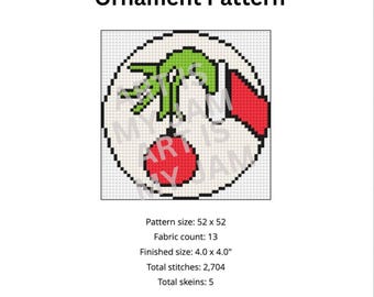 Grinch Ornament Needlepoint Pattern | Christmas Needlepoint Canvas | 13 Mesh Round DIY Holiday Stitch | Grinch Hand | Holiday | Gift | Decor