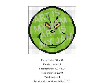 Grinch Face Ornament Needlepoint Pattern | 13 Mesh Round Pattern | The Grinch Grin Holiday Stitch | Grinch Decor | Christmas Ornament