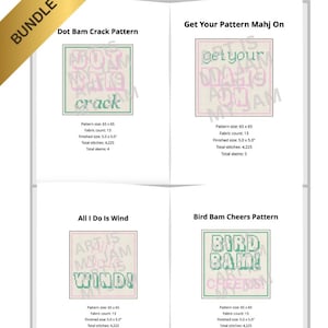 以下が含まれることがあります： 「Dot Bam Crack」や「Bird Bam Cheers」などのフレーズを含む、テキストとデザインが施された4つのクロスステッチパターンを特集したバンドルオファーのグラフィック。各パターンは正方形のフォーマットで表示され、サイズなどの詳細が記載されています。