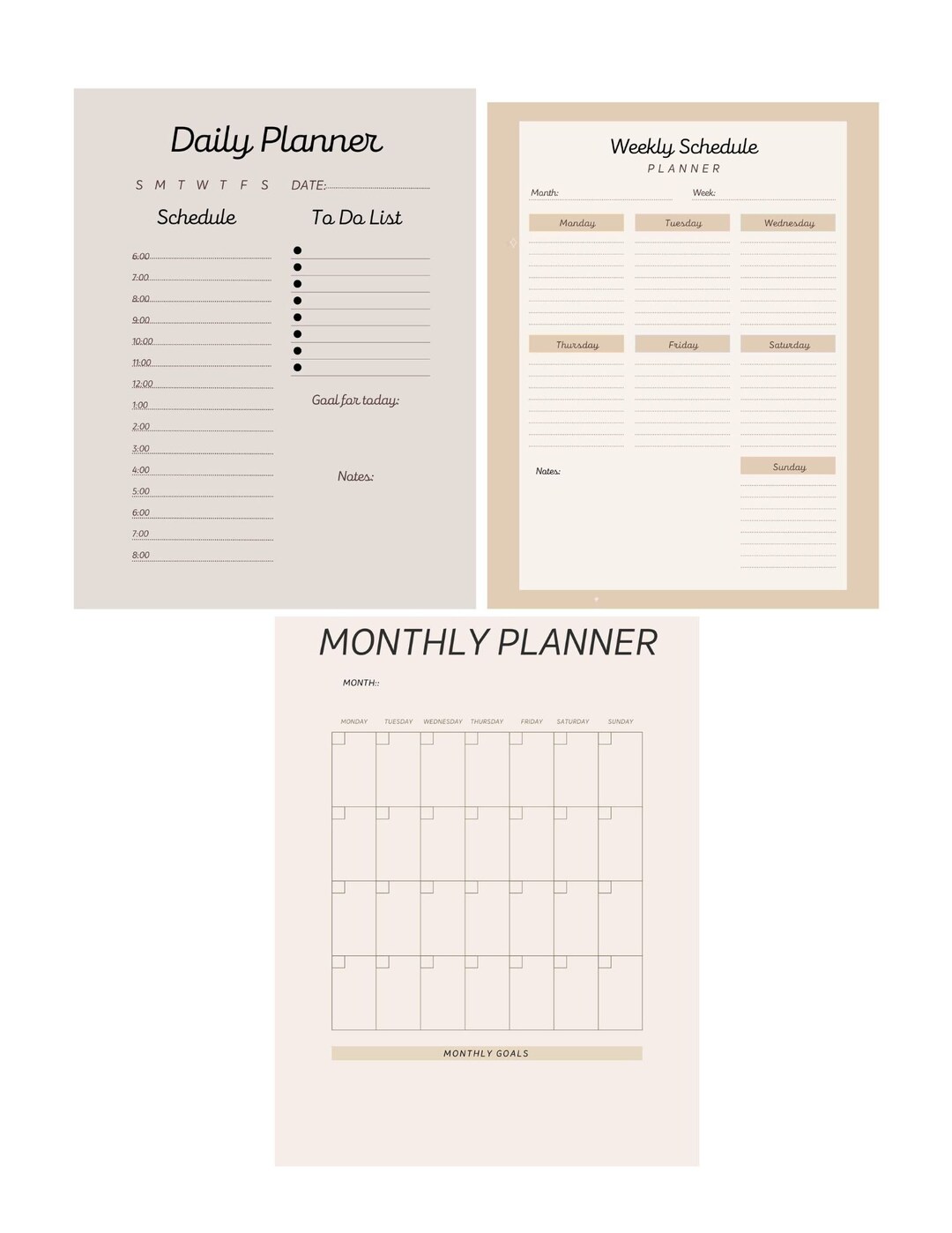 Planning Bundle; Daily, Weekly and Monthly Planning Templates; Instant ...