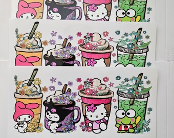 Floral Kitty and Friends UV DTF Wrap | 16oz Libbey Glass Can