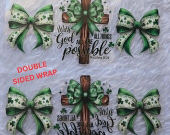 St Patrick's Day Cup Wrap | Religious Clover Bows, Double Sided 16oz Glass Can