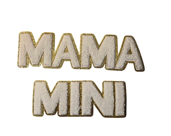 Chenille Mama Mini Patch: White with Gold Glitter, Iron On