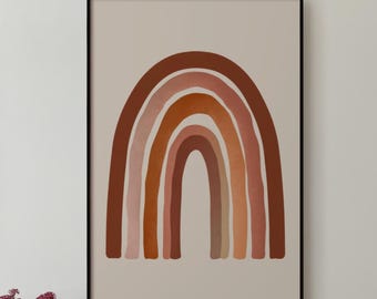 Pode incluir: Duas cadeiras esculturais laranja brilhante estão sobre um tapete com padrão em preto e branco. Uma impressão emoldurada de um arco-íris em tons quentes está pendurada na parede branca. Uma mesa pequena com flores e uma mesa lateral com livros completam o interior moderno.