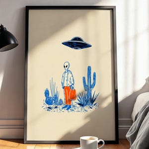 Retro alien UFO wall art featuring a quirky extraterrestrial walking through a desert landscape with cactus plants under a hovering spaceship. Bold blue and orange accents add a playful modern touch to the minimalist sci-fi illustration. Perfect for game rooms, living rooms, or offices, this unique artwork brings humor, character, and a creative sci-fi vibe to any interior. Ideal for space lovers and geek decor.
