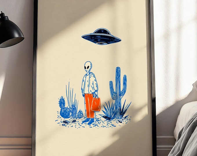 Retro Alien Wall Art, UFO Desert Scene Poster, Minimalist Sci Fi Illustration Print