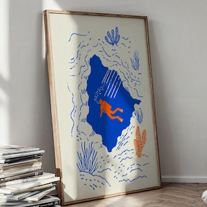 Scuba Diver Digital Download, Minimalist Ocean Wall Art, Underwater Sea Life Print, Modern Marine Poster, Diver Illustration Home Decor