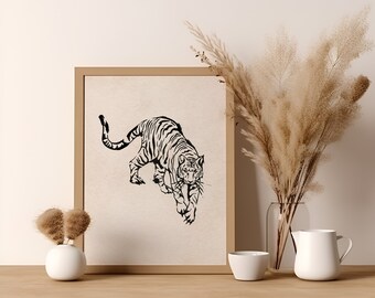 Tiger Minimalist Wall Art Print, Boho Art Tiger Poster Print, Minimalist Tiger Artwork, Black And White Tiger Poster, Tiger Minimalist Art