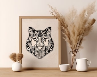 Tiger Minimalist Wall Art Print, Boho Art Tiger Poster Print, Minimalist Tiger Artwork, Black And White Tiger Poster, Tiger Boho Artwork