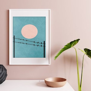 Moon Minimalist Wall Art, Moon Night Wall Decor, Moon Poster Print, Moon Sketch, Moon and Birds Minimalist Art, Moon Wall Decor image 1