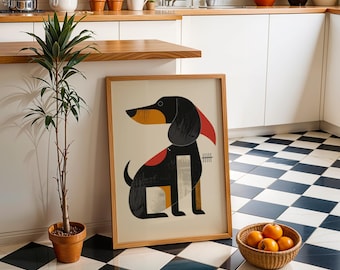 Mid Century Modern Dog Art Print, Geometric Dachshund Poster, Retro Minimalist Wall Decor