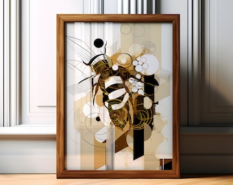 Bee Wall Art Print, Modern Minimalist Poster, Boho Nature Decor, Geometric Bee Artwork