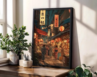 May include: Framed print depicting a bustling Japanese street scene at night. The artwork features people in traditional clothing, illuminated by lanterns and shop signs. The color palette includes warm tones of red, orange, and yellow, contrasted with the cool blues and greens of the buildings.