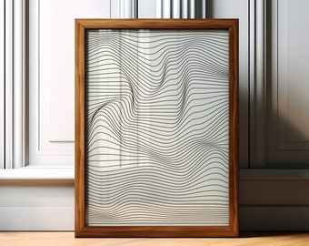 May include: A framed artwork featuring a minimalist design of black wavy lines on a light background. The artwork is encased in a brown wooden frame and leans against a white wall, creating a modern aesthetic.