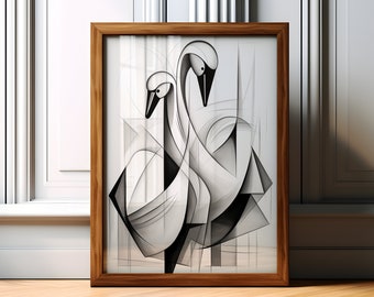 May include: A framed art print showing a monochrome illustration of two swans. The artwork uses geometric shapes and lines, set within a wooden frame. The print is leaning against a white wall and a wooden floor.