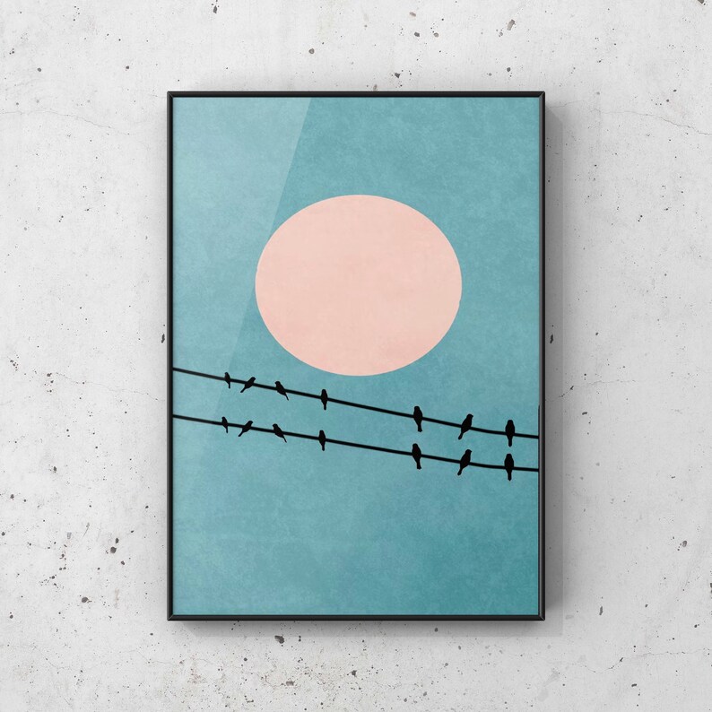 Moon Minimalist Wall Art, Moon Night Wall Decor, Moon Poster Print, Moon Sketch, Moon and Birds Minimalist Art, Moon Wall Decor image 7