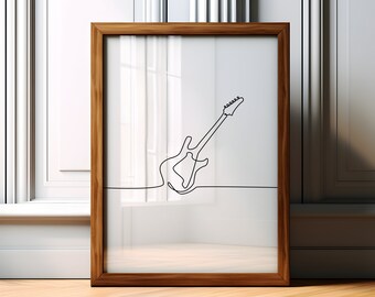 Lámina minimalista de arte lineal de guitarra, póster con boceto de guitarra acústica, decoración de pared con instrumentos musicales.