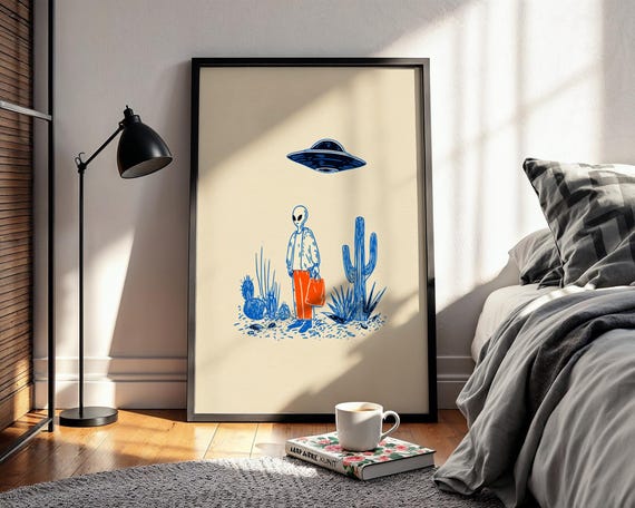 Retro Alien Wall Art, UFO Desert Scene Poster, Minimalist Sci Fi Illustration Print