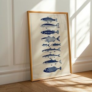 Vintage Blue Fish Wall Art Print | Nautical Ocean Illustration | Coastal Sea Life Poster | Marine Biology Artwork | Beach House Decor