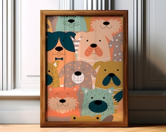 May include: A framed art print featuring a colorful illustration of various cartoon dogs. The dogs have different colors and patterns, including spots, stripes, and solid colors. The frame is made of wood and is displayed on a wooden floor.