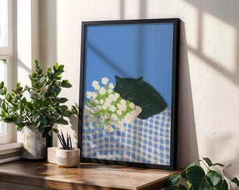 Väggkonsttryck med svart katt, mysig blommig kattillustration, minimalistisk djurposter för heminredning