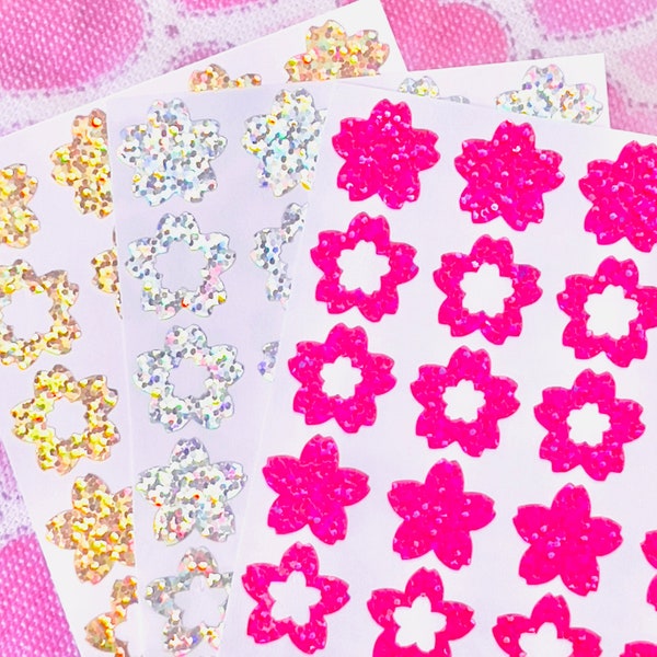 Sparkle Sakura/Cherry Blossom Flower Stickers! ~ Custom Color, Design & Size ~ Holographic Sparkle Flowers ~ Cute Scrapbooks Planners Crafts