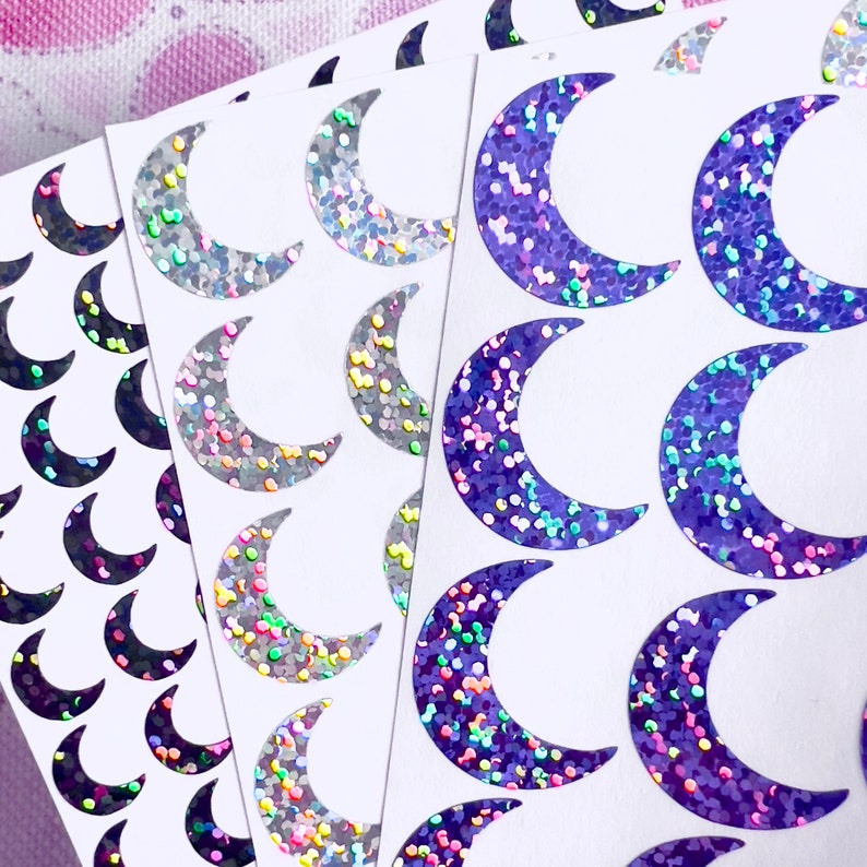 Paper Sticker Moon Holographic Sparkle Moon Stickers! - 0.4 to 4 Inch - Choose a Size and ...